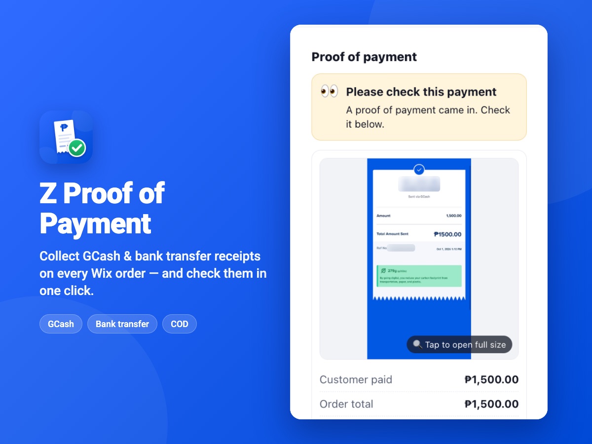 Z Proof of Payment checking a GCash receipt on a Wix order