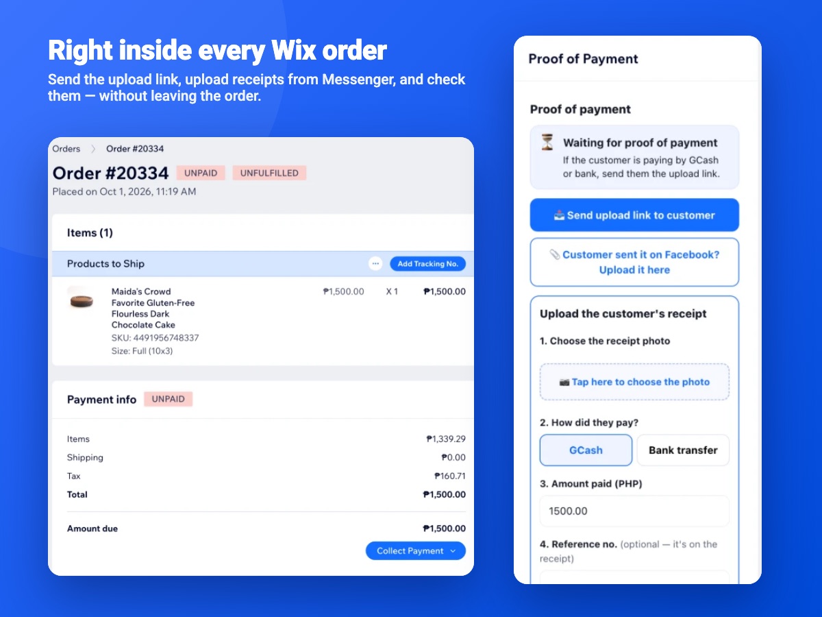 Proof of Payment panel inside the Wix order page